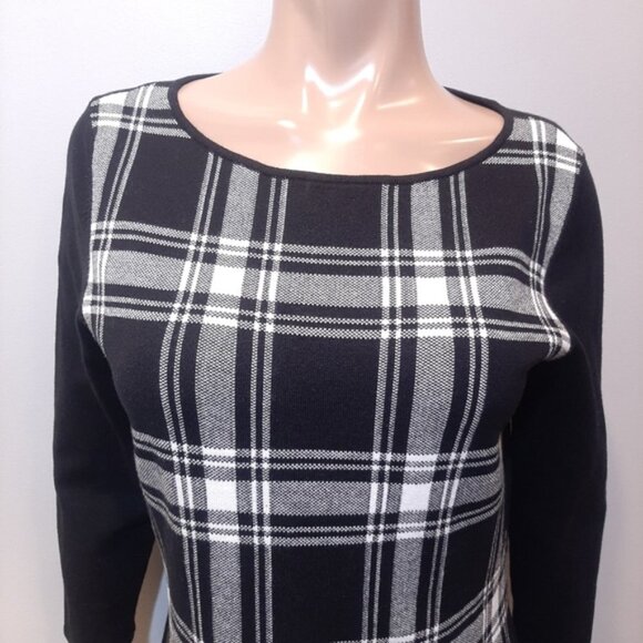 Chaps Plaid Sweater Dress Black 3/4 Sleeve Sheath Winter Stretch Womens Large - Picture 2 of 11